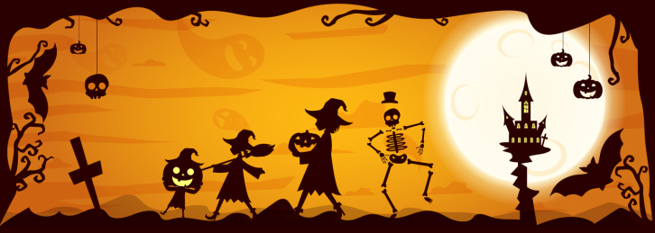 万圣节女巫鬼怪南瓜骷髅留白矢量插画