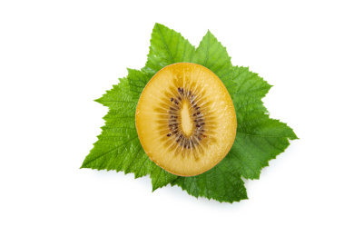 猕猴桃切开果肉带绿叶子俯拍白底