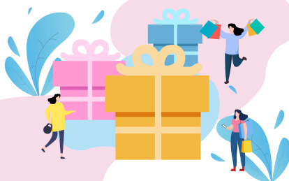 成年女性在礼品盒子旁拿着购物袋和包