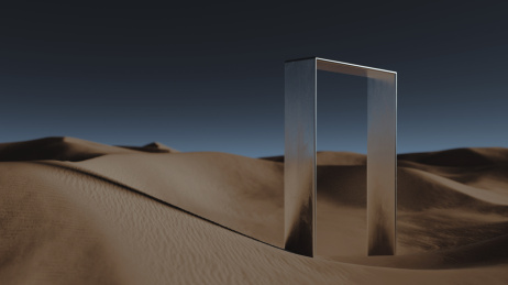 3D渲染沙漠中的门概念艺术场景