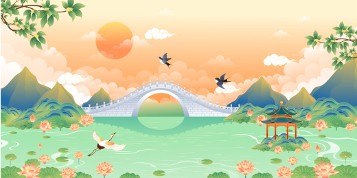 国潮风户外风景矢量插画