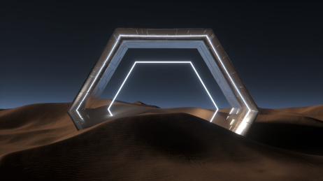 3D渲染沙漠中的门科幻艺术概念场景