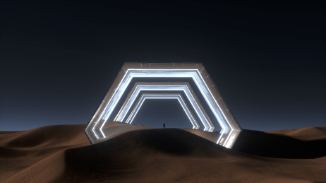 3D渲染沙漠中的门科幻艺术概念场景