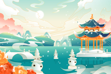 冬季杭州西湖风景矢量插画