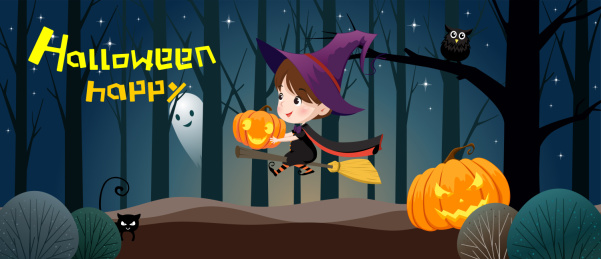 万圣节活动背景女巫巫的高档南瓜插画矢量图