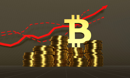 比特币符号与金币箭头，事业成功与财富积累