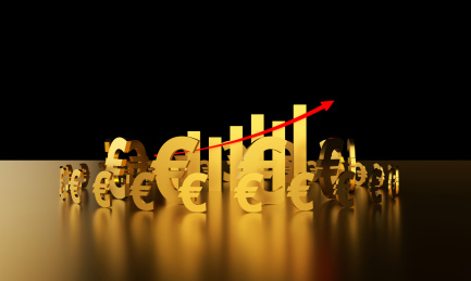 欧元符号与成功箭头，经济发展与货币升值