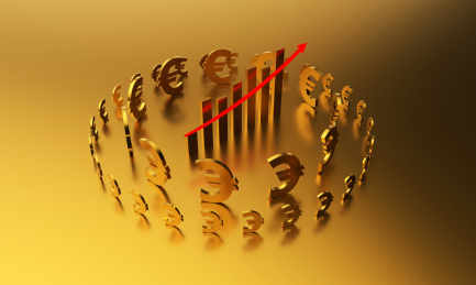 欧元符号与成功箭头，经济发展与货币升值