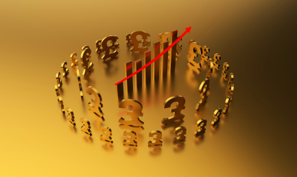 英镑符号与成功箭头，经济发展与货币升值