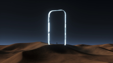 3D渲染沙漠中的霓虹灯管概念艺术场景