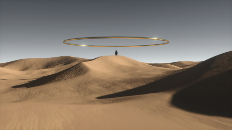 3D渲染沙漠上空的金属圆环概念艺术场景
