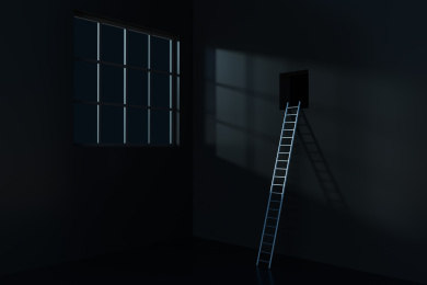 通向墙上洞口的梯子 3D渲染