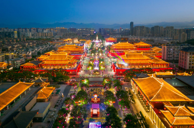 陕西西安大唐不夜城夜景风光航拍