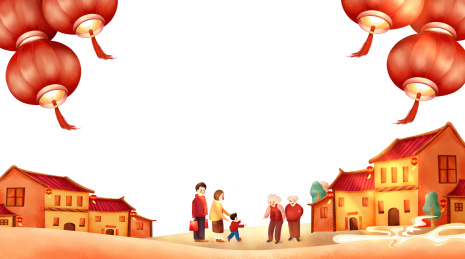 节日父母带着小孩回家看望老人家中国风插画
