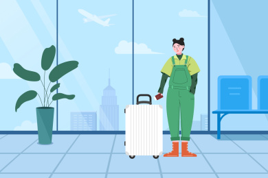 女生出游旅行机场飞机飞过插画