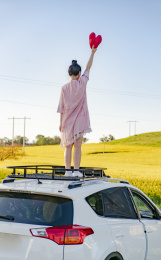 站在车顶上观赏田园风光