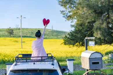 坐在车顶上观赏田园风光