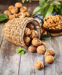 木底上蓝子里的薄皮核桃