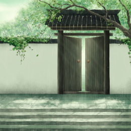 雨天的院门外和树和石阶