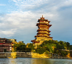 阳光下的四川绵阳涪江岸边越王楼和海鸥