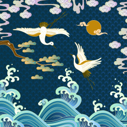 中国风古典仙鹤云纹与海水纹底纹背景插图