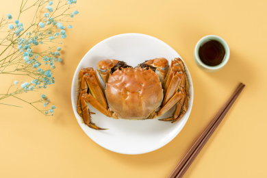 大闸蟹特写黄色莫兰迪色系背景