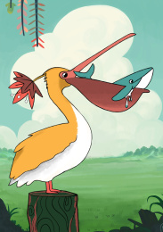 卡通大嘴鸟站在树桩上