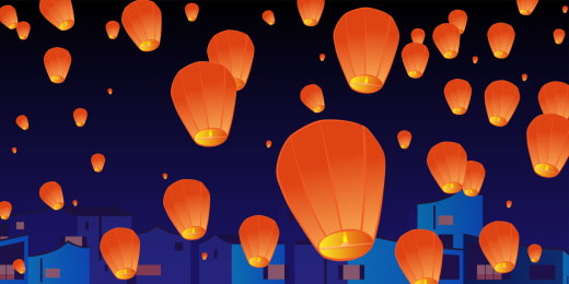 夜空下红色的孔明灯,中国新年矢量背景素材