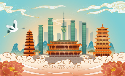 中国陕西省西安市国风线描海报插画