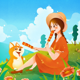 蓝天白元花草下小女孩吃肉串喂小狗吃