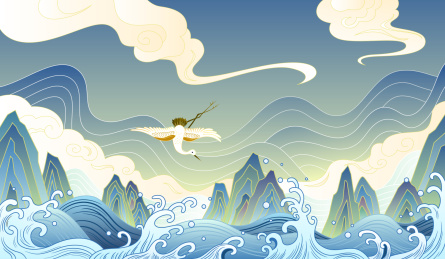 中国风山水云纹与仙鹤背景插画