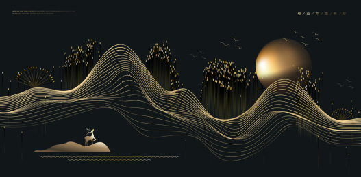 矢量新中式风格抽象粒子线条山水风景画