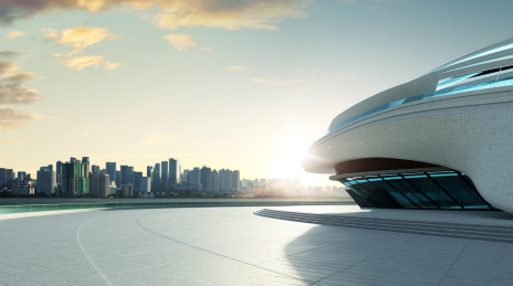 3D渲染摩登流线型建筑外观