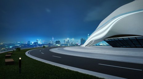 3D渲染摩登流线型建筑外观