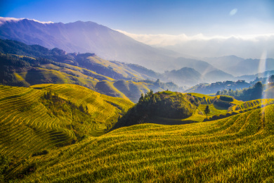 中国广西桂林龙脊梯田日照美景