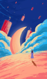 女孩向月亮祈祷着一切安好