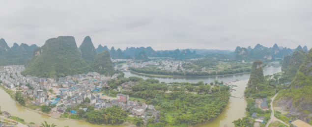 航拍中国广西桂林漓江山水阳朔县城全景