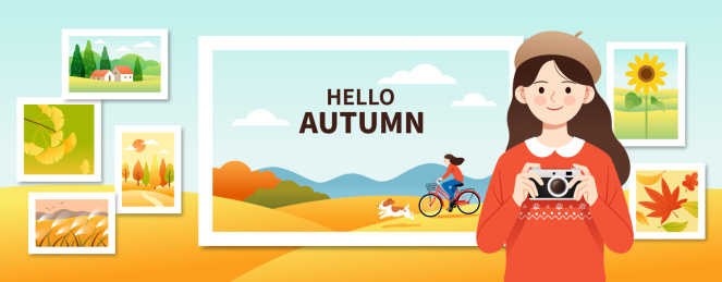 一个拿着相机的女孩和一组秋天照片插画