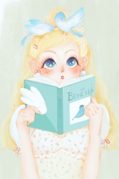 头顶两只小鸟的少女半身像插画