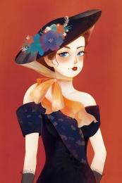 复古欧式少女半身像插画