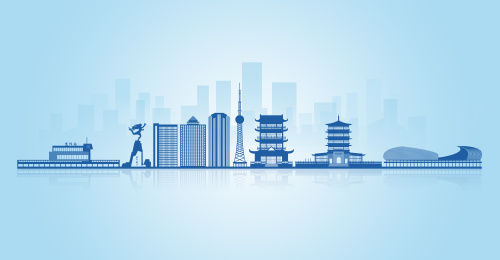 中国河南省焦作市地标建筑剪影天际线背景图