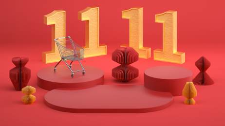 双十一促销题材的电商产品展台和购物车