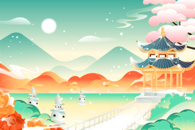 杭州西湖建筑风景矢量插画
