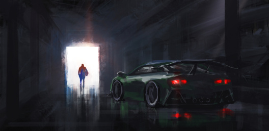 离开车库的车手，数码绘画。