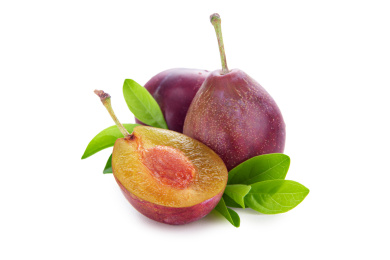 中国新疆西梅和切开果肉带绿叶子白底