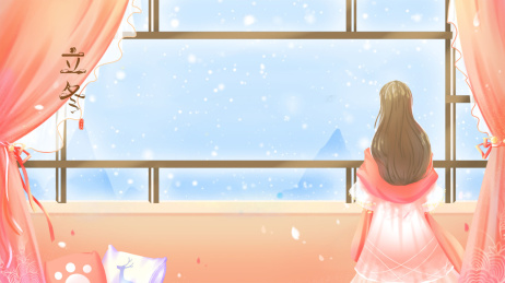 美女在阳台上欣赏窗外的白雪，立冬节气插画