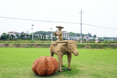 农耕节上摆放在绿草地上的农耕艺术品