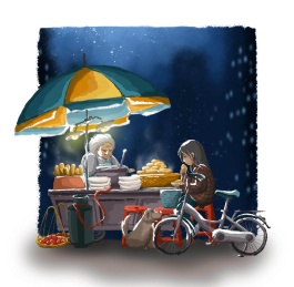 夜里女孩在老人的路边摊上吃东西