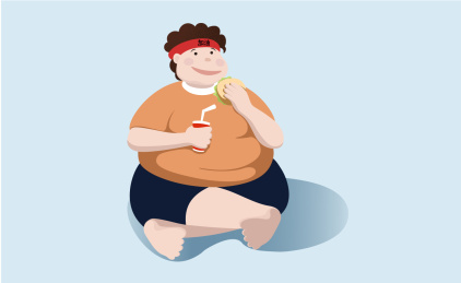 吃汉堡喝饮料的肥胖男性矢量插画