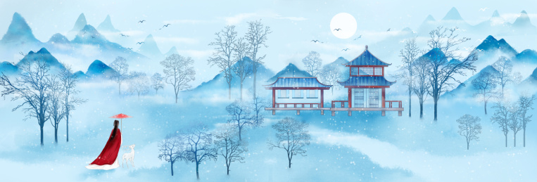 冬日山林雪景国风水墨风景插画